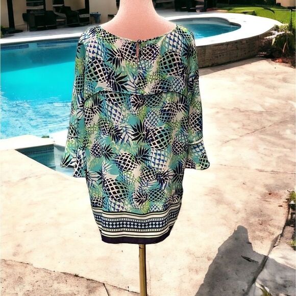 PAPPAGALLO WOMENS THE ASHLYN TOP BLOUSE PINEAPPLE PRINT BELL SLEEVES EXTRA LARGE - Picture 3 of 8